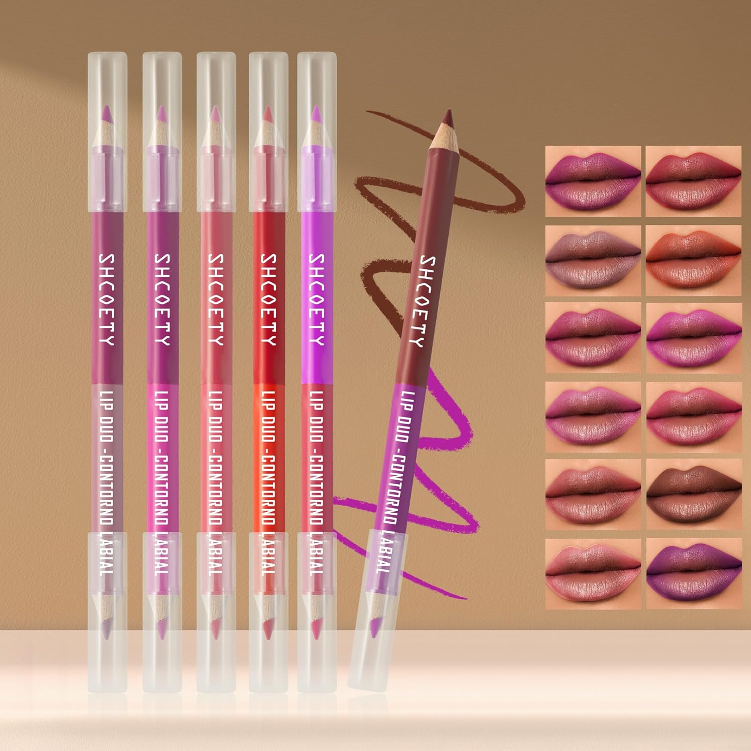 6pcs Double-ended Double-Colored Lip Liner Pencil Set, 12 Colors Long-lasting & Smudgeproof Lip Liner for Women