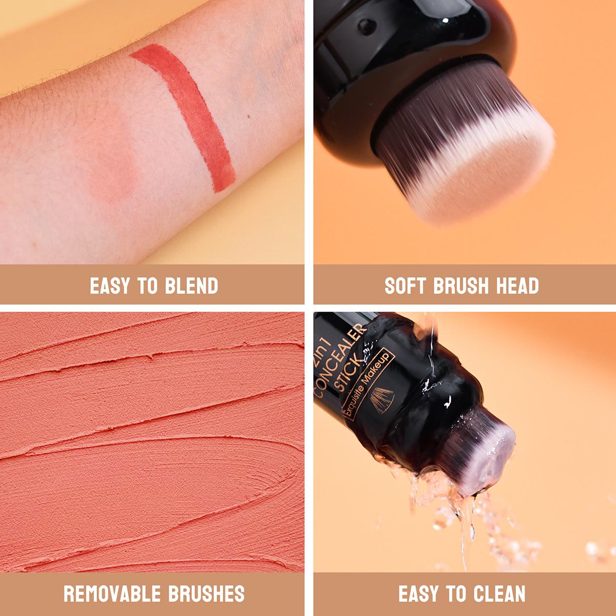 Dual-Ended Contour Stick with Built-in Brush, Creamy Bronzer & Highlighter, Waterproof & Blendable Makeup for Natural Sculpting