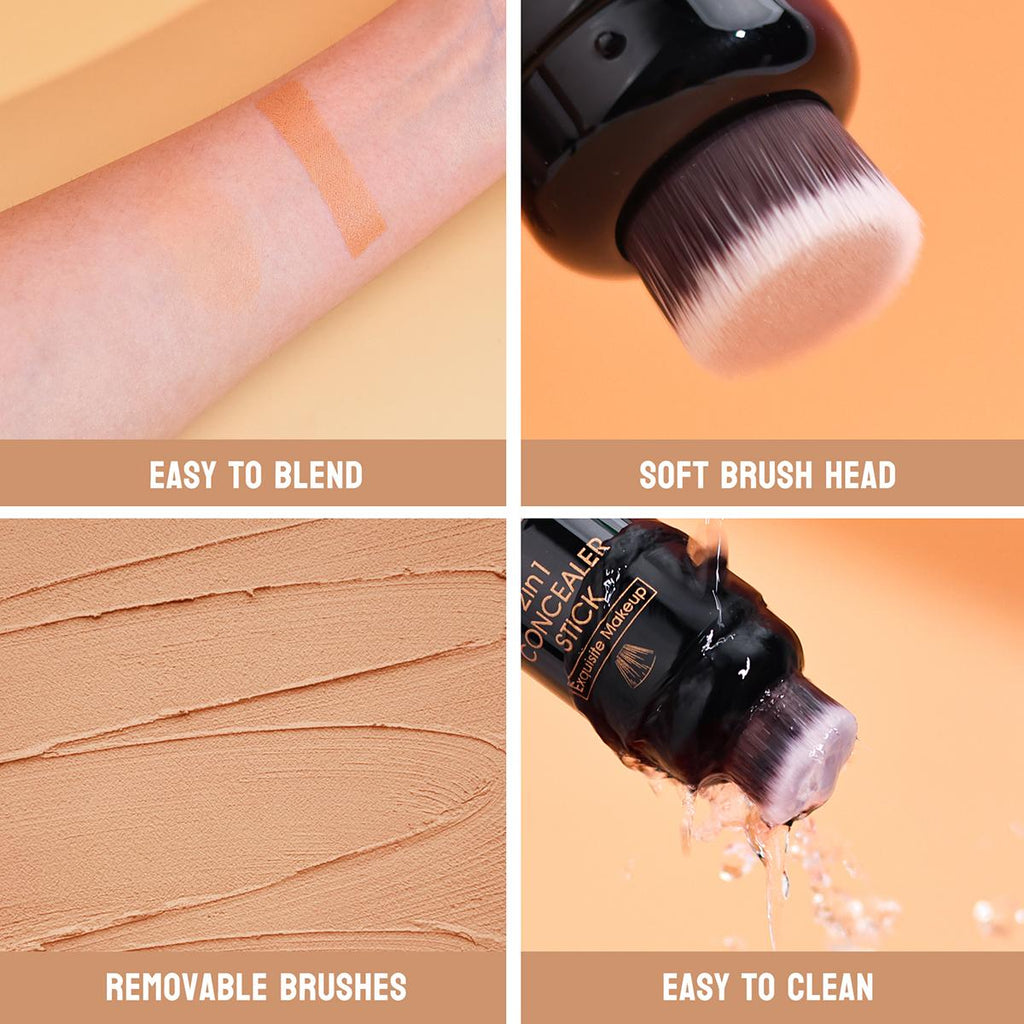 Dual-Ended Contour Stick with Built-in Brush, Creamy Bronzer & Highlighter, Waterproof & Blendable Makeup for Natural Sculpting