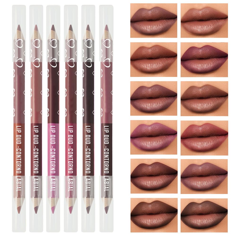 6pcs Double-ended Double-Colored Lip Liner Pencil Set, 12 Colors Long-lasting & Smudgeproof Lip Liner for Women