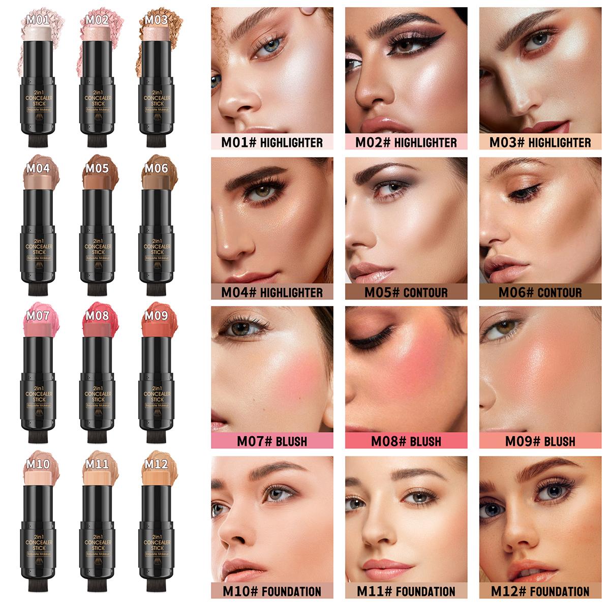Dual-Ended Contour Stick with Built-in Brush, Creamy Bronzer & Highlighter, Waterproof & Blendable Makeup for Natural Sculpting