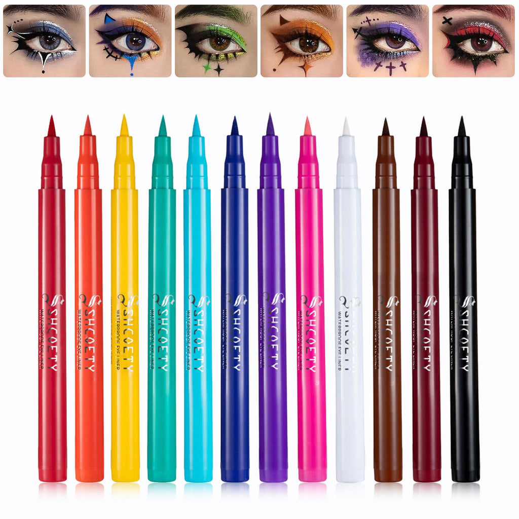 Waterproof Eyeliner Pen, 12pcs Quick Drying Long Lasting Eyeliner Pen, Easy Coloring, Highly Pigmented, Smudge-proof