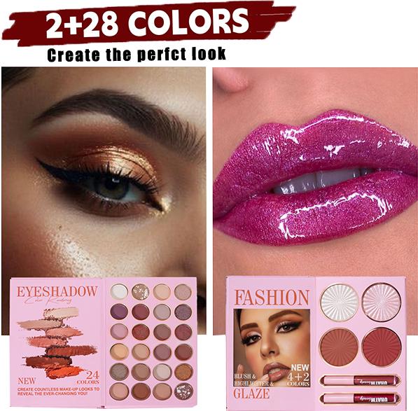 Multi-functional Face Makeup Palette, 2-layer Eyeshadow & Highlighter & Blush & Lip Glaze Makeup Set for Women