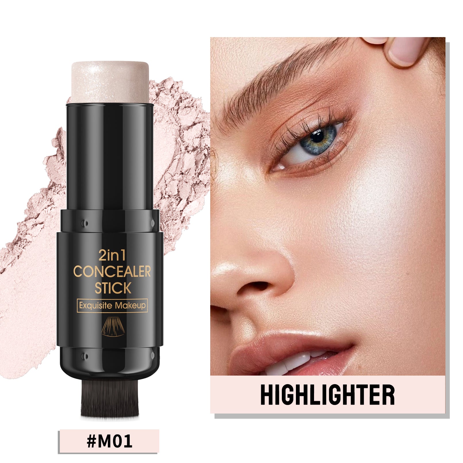 Dual-Ended Contour Stick with Built-in Brush, Creamy Bronzer & Highlighter, Waterproof & Blendable Makeup for Natural Sculpting