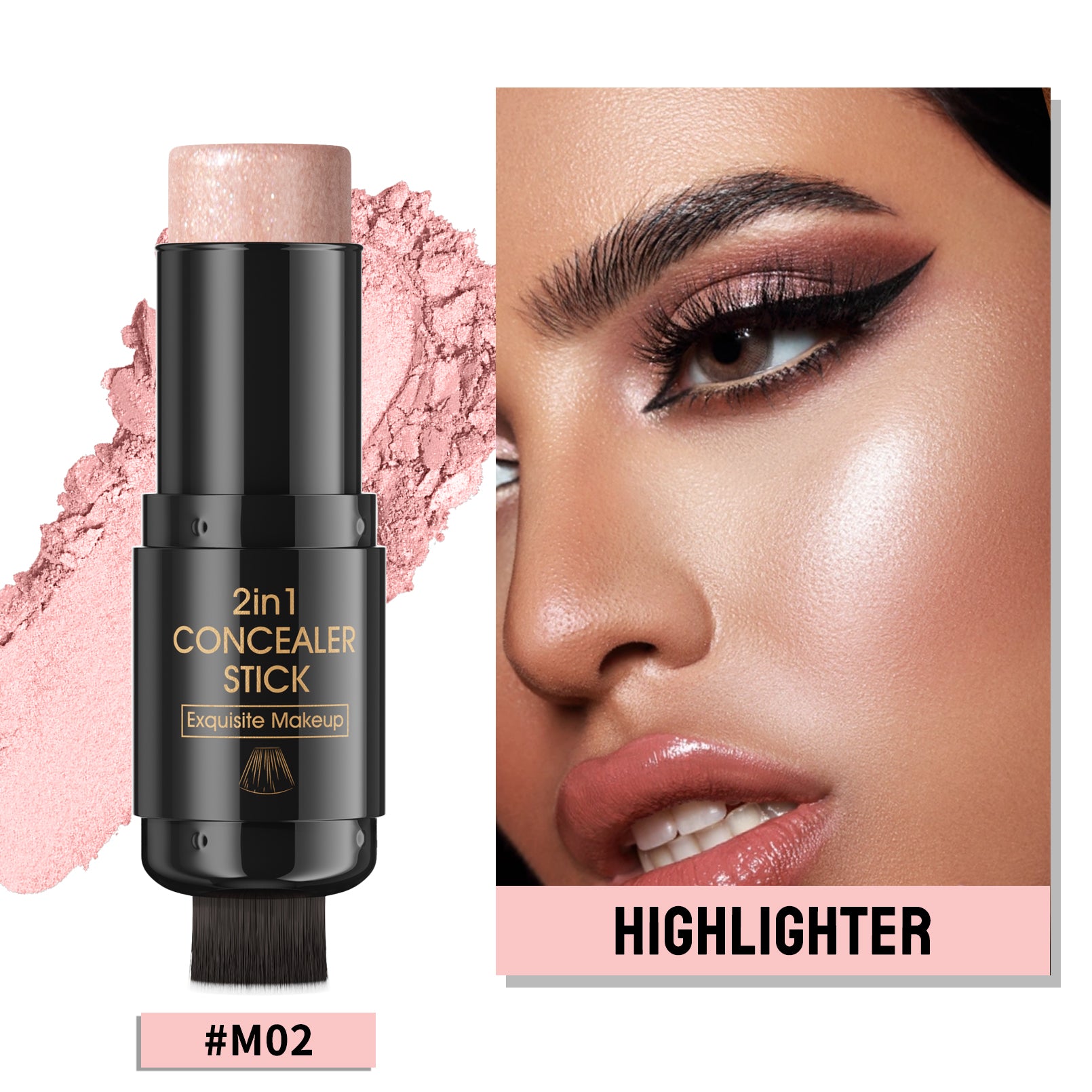 Dual-Ended Contour Stick with Built-in Brush, Creamy Bronzer & Highlighter, Waterproof & Blendable Makeup for Natural Sculpting