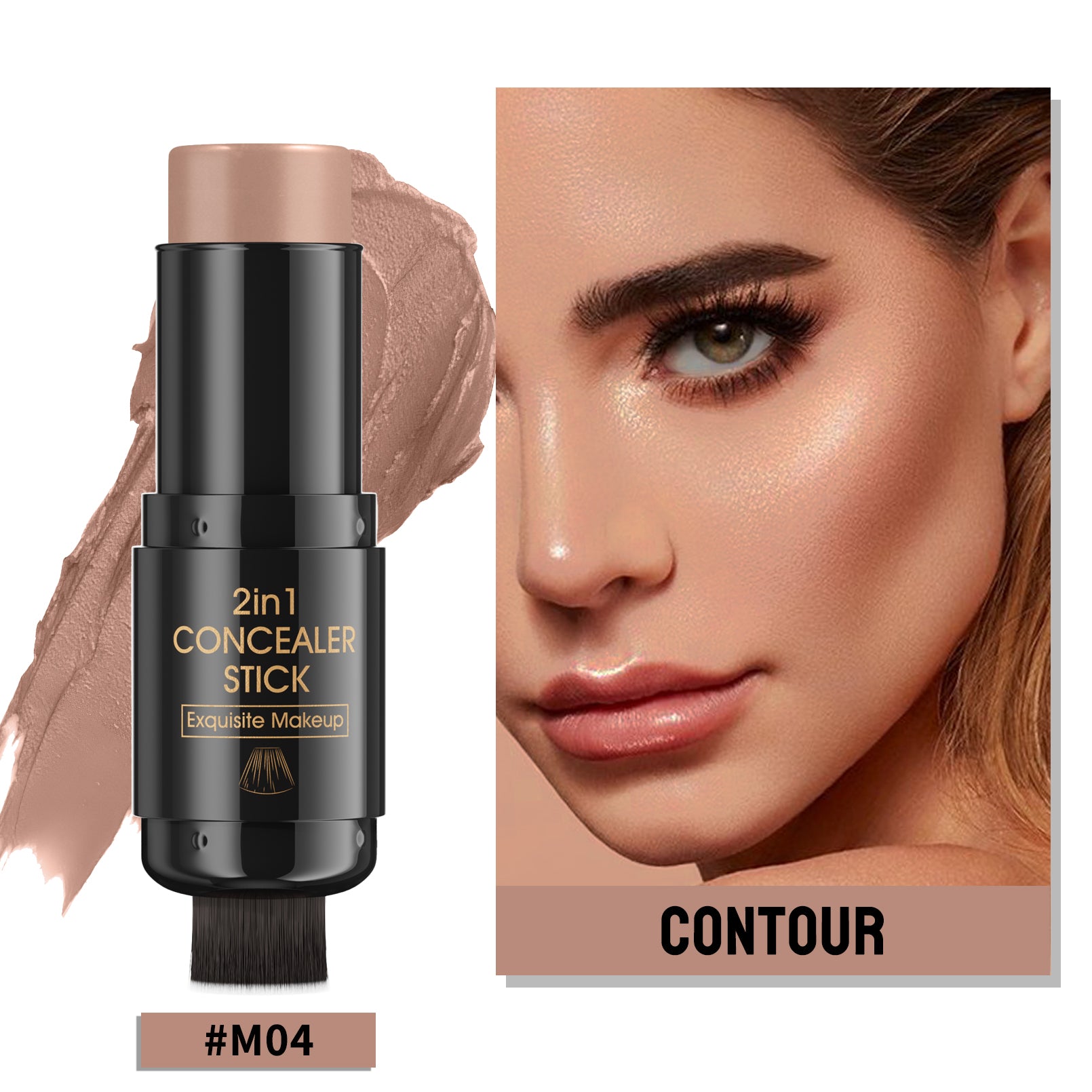 Dual-Ended Contour Stick with Built-in Brush, Creamy Bronzer & Highlighter, Waterproof & Blendable Makeup for Natural Sculpting