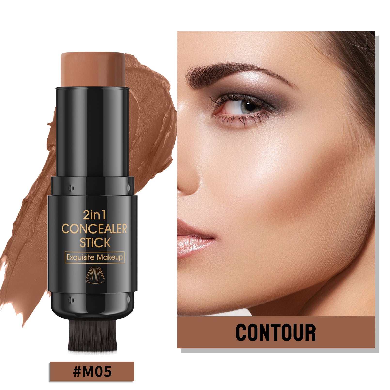 Dual-Ended Contour Stick with Built-in Brush, Creamy Bronzer & Highlighter, Waterproof & Blendable Makeup for Natural Sculpting