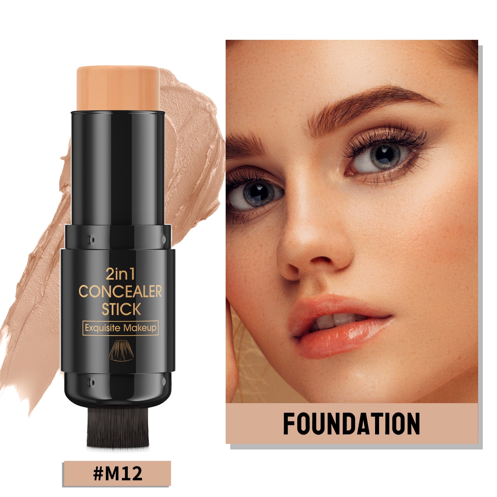 Dual-Ended Contour Stick with Built-in Brush, Creamy Bronzer & Highlighter, Waterproof & Blendable Makeup for Natural Sculpting