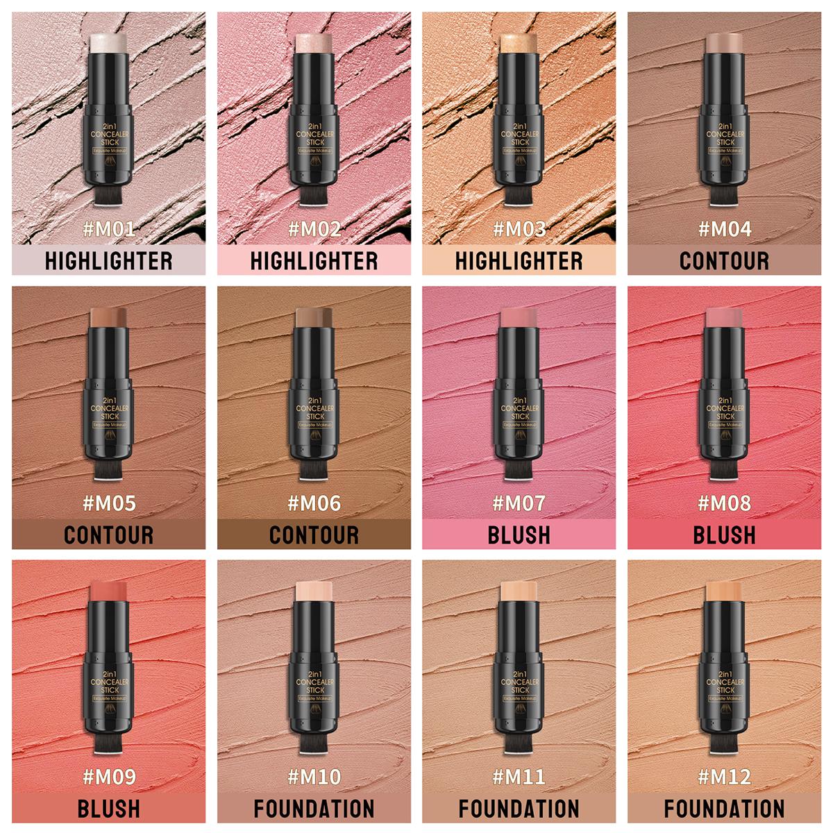 Dual-Ended Contour Stick with Built-in Brush, Creamy Bronzer & Highlighter, Waterproof & Blendable Makeup for Natural Sculpting