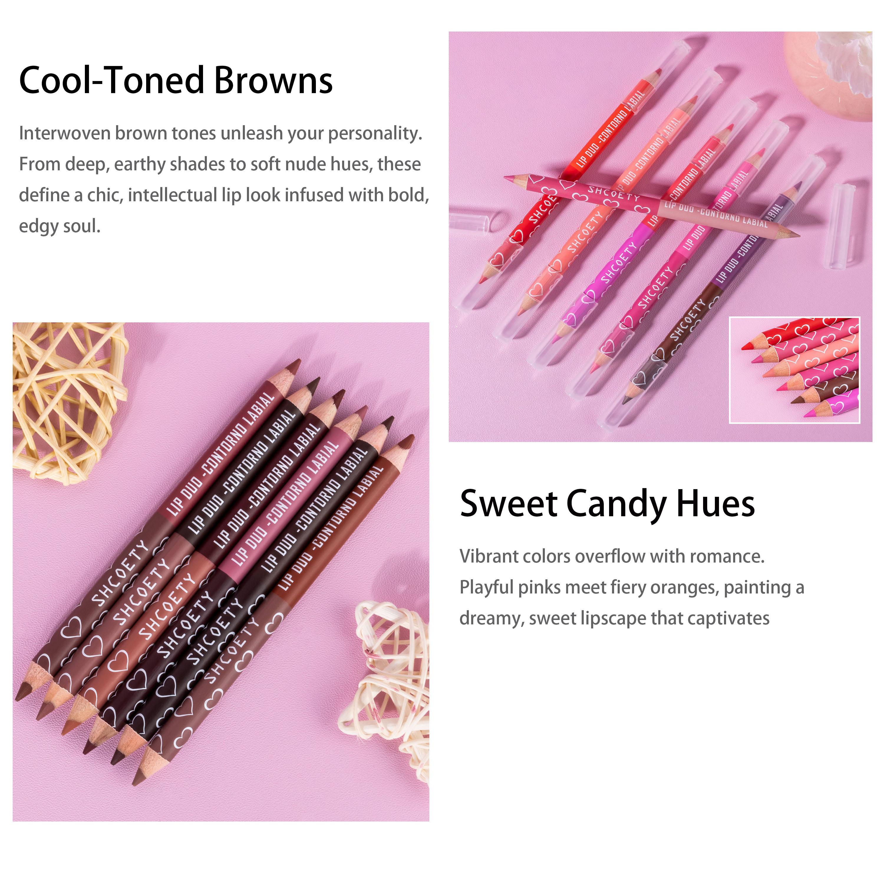 6pcs Double-ended Double-Colored Lip Liner Pencil Set, 12 Colors Long-lasting & Smudgeproof Lip Liner for Women