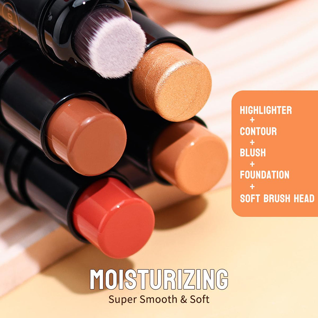 Dual-Ended Contour Stick with Built-in Brush, Creamy Bronzer & Highlighter, Waterproof & Blendable Makeup for Natural Sculpting