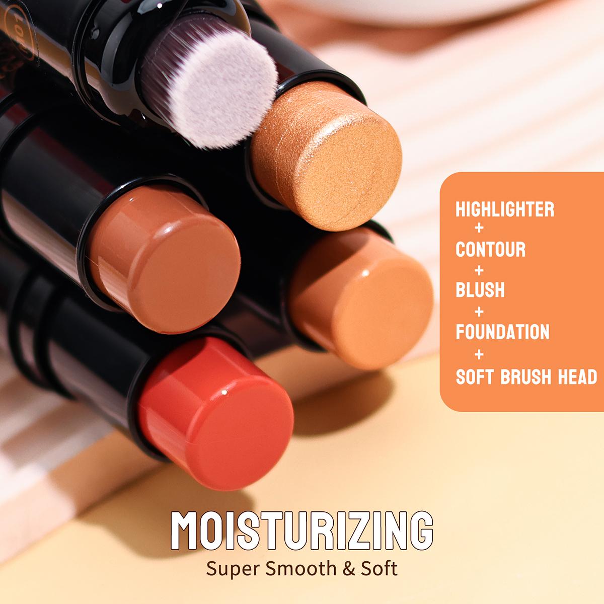 Dual-Ended Contour Stick with Built-in Brush, Creamy Bronzer & Highlighter, Waterproof & Blendable Makeup for Natural Sculpting