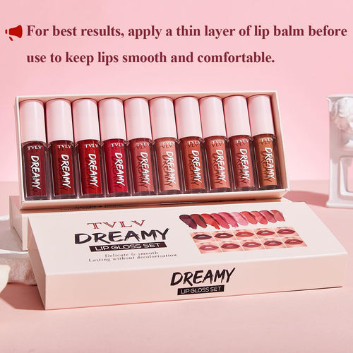 10pcs Lip Gloss Set, 10 Shades Lip Glaze Set, Waterproof, Long-Lasting, Delicate and Smooth Finish Lip Stick Set