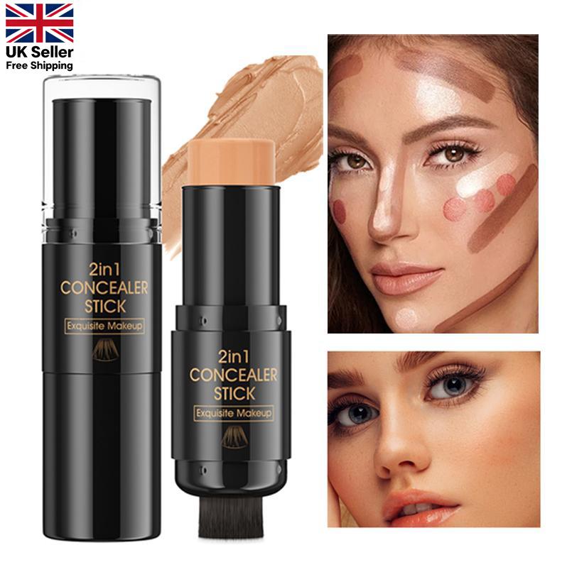 Dual-Ended Contour Stick with Built-in Brush, Creamy Bronzer & Highlighter, Waterproof & Blendable Makeup for Natural Sculpting